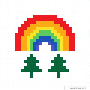 Dessin pixel art coloré d'un arc-en-ciel et de sapins.