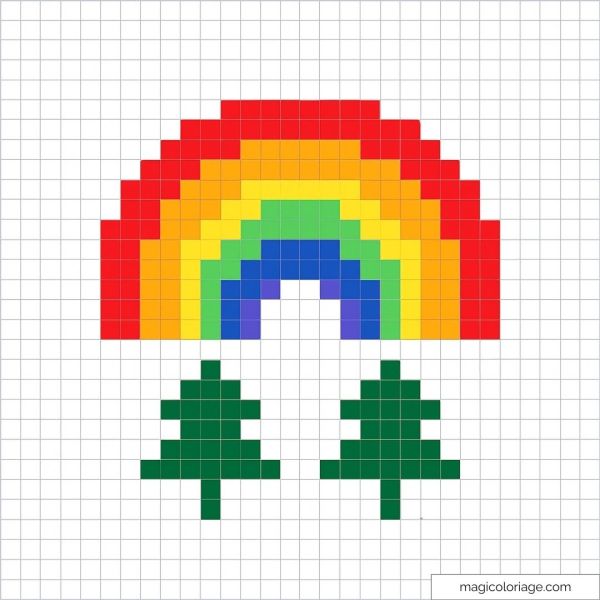 Dessin pixel art coloré d'un arc-en-ciel et de sapins.
