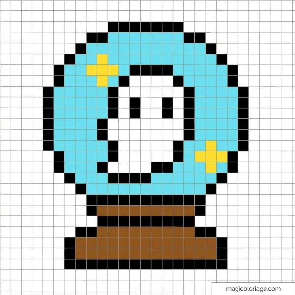 Pixel art boule de cristal mystique avec étoiles et base marron
