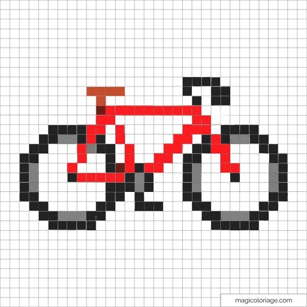 Pixel art d'un vélo rétro gris et rouge sur grille pour création facile.