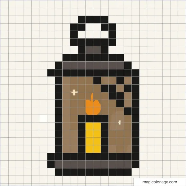 Lanterne pixel art avec flamme orange et fond noir