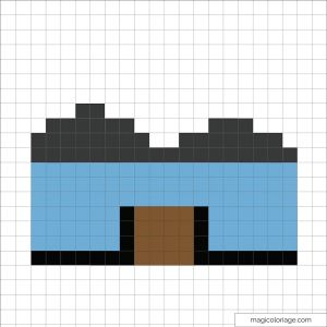Maison bleue pixel art avec toit gris et porte marron
