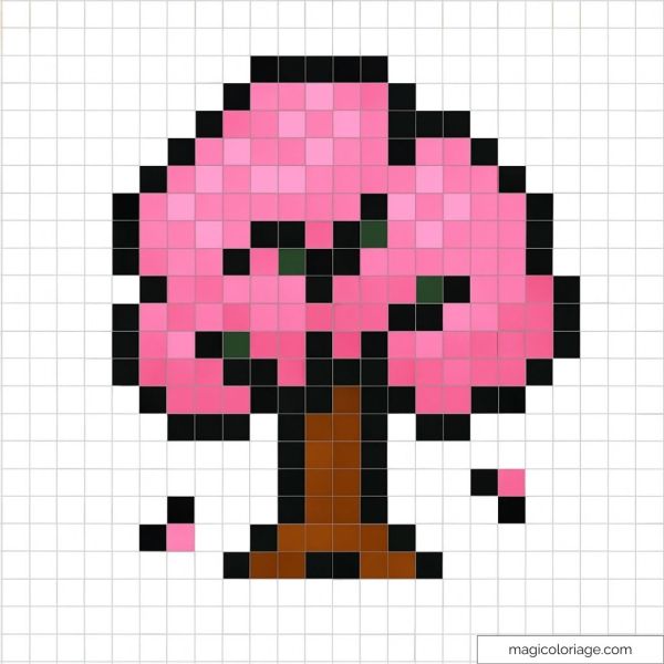 Pixel art de cerisier japonais avec fleurs roses
