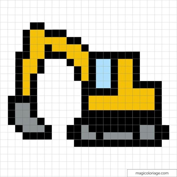 Pelleteuse pixel art jaune et grise sur quadrillage blanc.