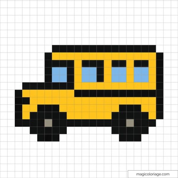 Pixel art de bus scolaire rétro avec fenêtres bleues et roues noires.