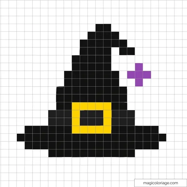 Chapeau de sorcière en pixel art avec une boucle jaune et étoile violette.