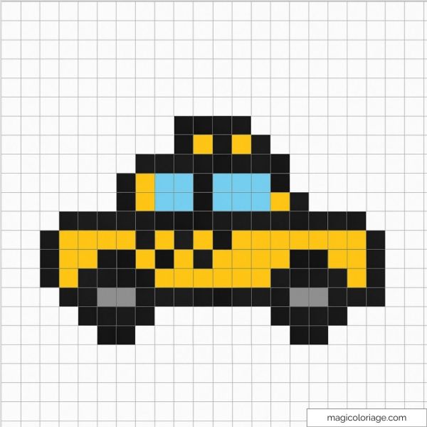 Pixel art d'un taxi jaune avec fenêtres bleues sur fond blanc.