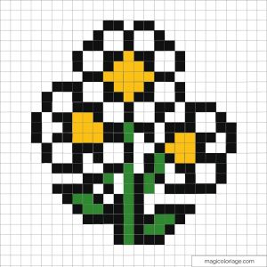 Image de fleurs pixel art avec des pétales blancs et centres jaunes