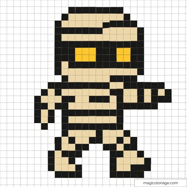 Pixel art d'une momie avec des détails noirs et jaunes.