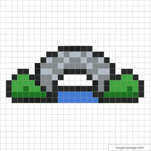 Pixel art de pont de pierre avec collines vertes et rivière