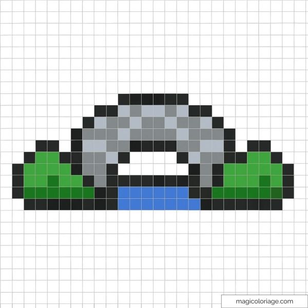 Pixel art de pont de pierre avec collines vertes et rivière