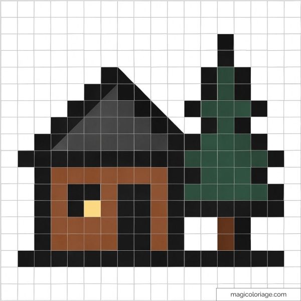 Pixel art montrant un chalet en bois avec un toit sombre et un sapin vert.