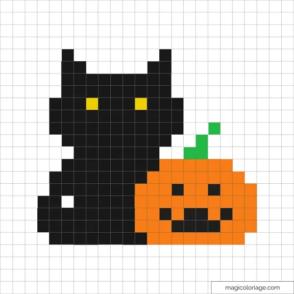 Chat noir pixel art avec citrouille d'Halloween souriante.