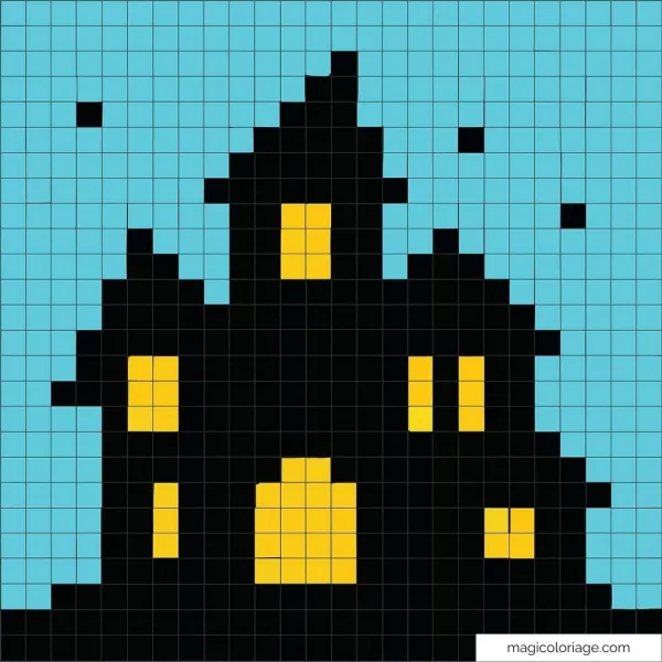 Château pixel art aux fenêtres lumineuses dans la nuit bleue.