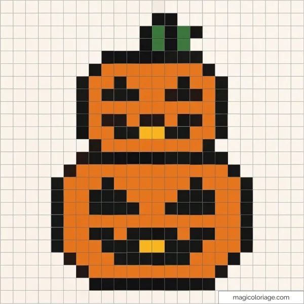Image de deux citrouilles empilées en pixel art avec visages effrayants.