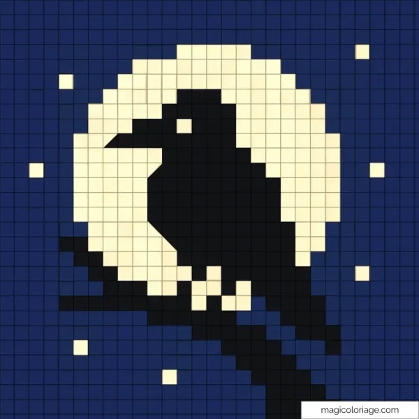Pixel art d'un corbeau noir silhouette devant la lune.