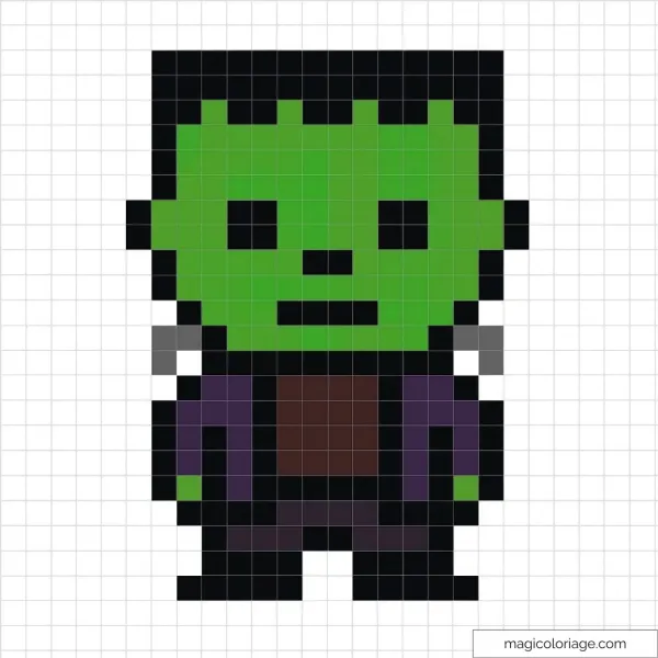 Pixel art de Frankenstein avec traits distinctifs et couleurs vibrantes.