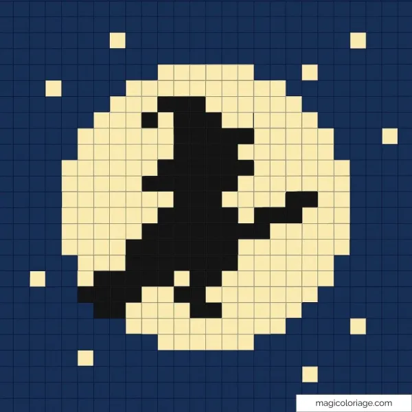 Sorcière pixel art volant sur un balai devant une pleine lune