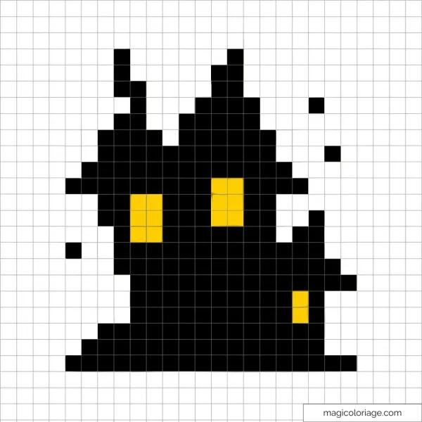 Pixel art d'une maison noire avec fenêtres illuminées