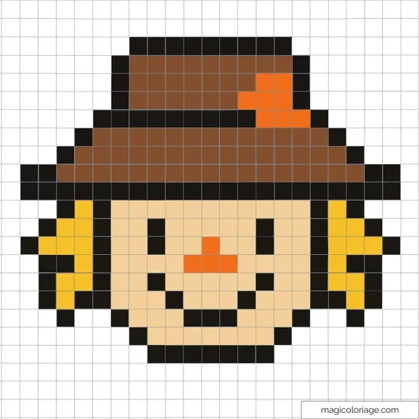 Pixel art épouvantail avec chapeau brun et cheveux jaunes