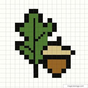 Feuille verte et gland marron en pixel art