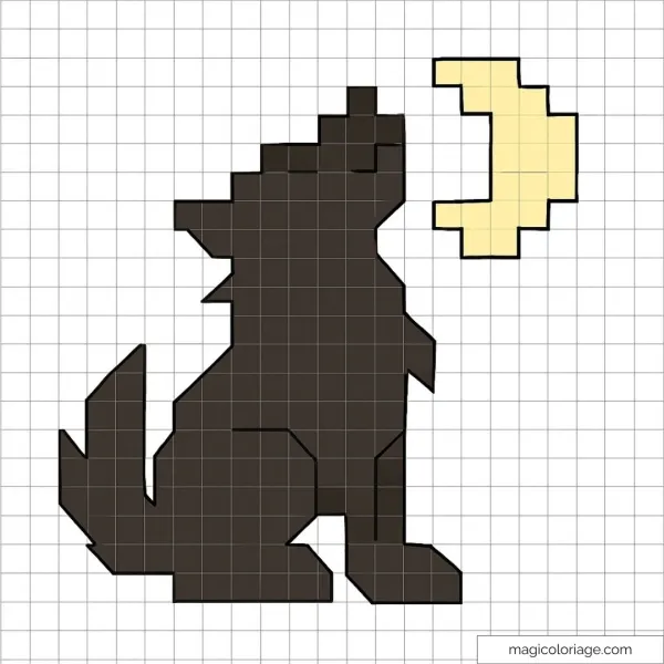 Pixel art d'un loup noir hurlant à la lune jaune sur fond quadrillé.