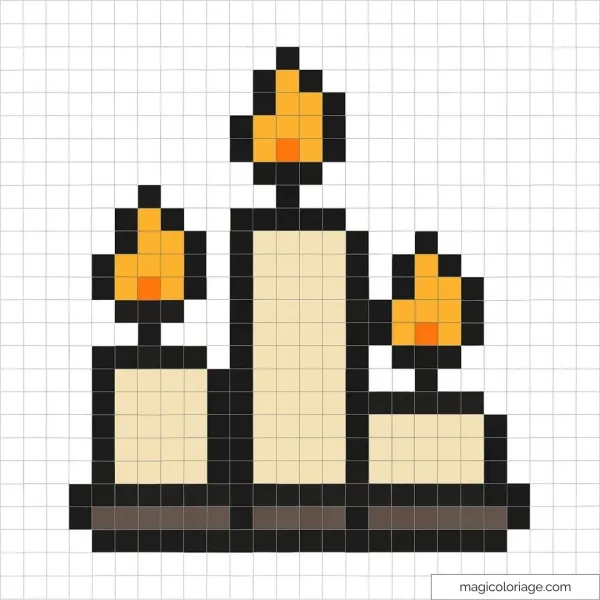 Trois bougies en pixel art avec flammes orange et fond noir