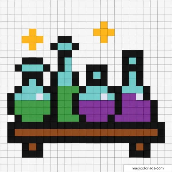Flacons de potions colorées sur étagère en pixel art