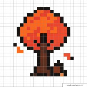 Pixel art arbre d'automne rouge et marron sur fond quadrillé.