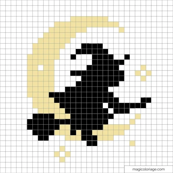 Pixel art de sorcière volant devant une lune