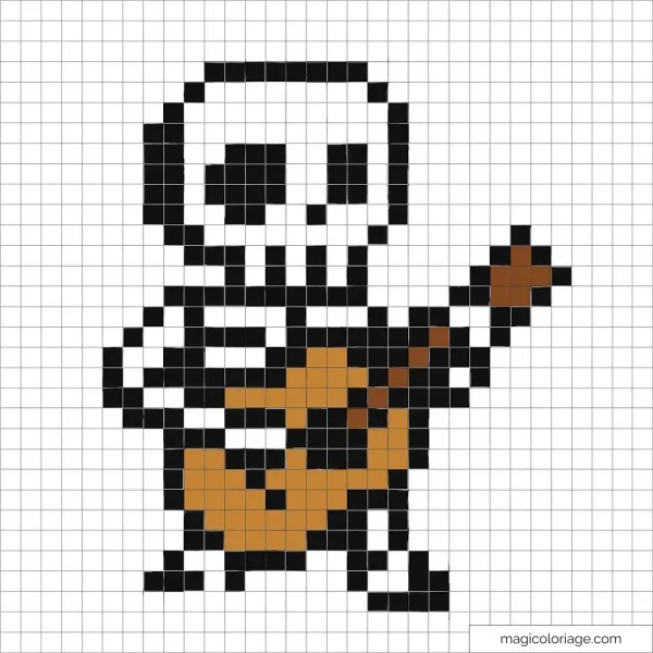 Squelette pixel art jouant de la guitare