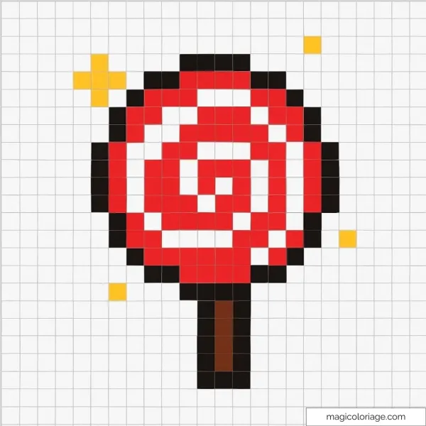 Pixel art de sucette rouge et blanche avec fond en grille.