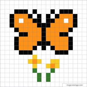 Dessin pixel art d'un papillon orange et fleurs
