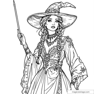 Dessin de sorcière à chapeau et baguette magique