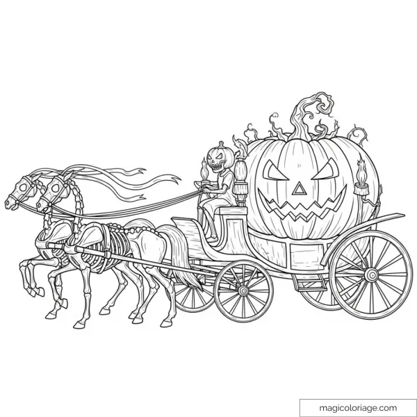 Halloween pumpkin carriage with skeleton horses and terrifying character.