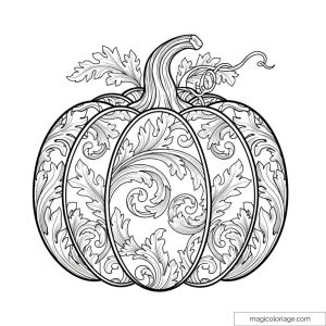 Coloriage citrouille décorative avec motifs floraux complexes.