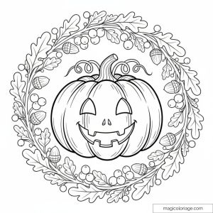 Citrouille souriante avec feuilles et baies d'automne.