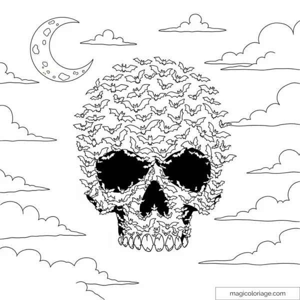 Skull drawing made of bats with moon and clouds in the background.