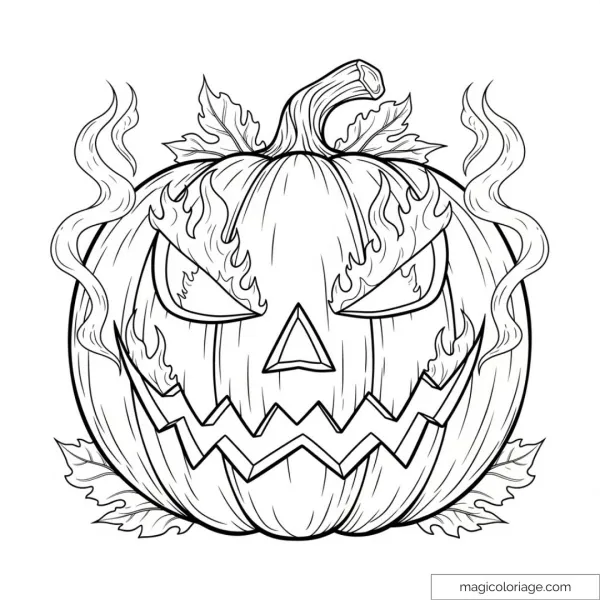 Halloween pumpkin drawing with scary faces and leaves.