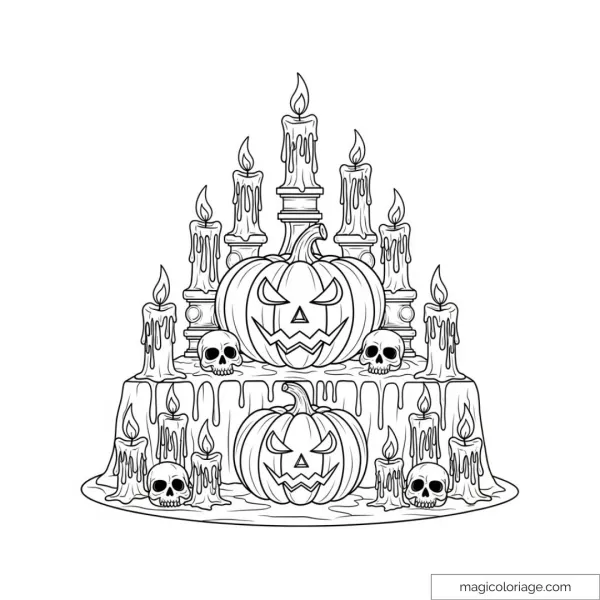 Pumpkins and skulls surrounded by candles