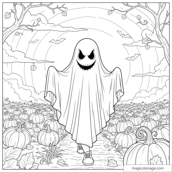 Smiling ghost and pumpkins in a field at dusk.