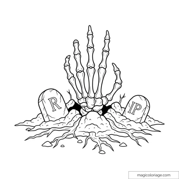 Skeleton hand emerging from the ground with tombstones