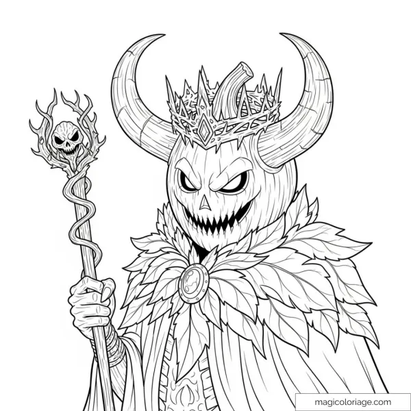 Drawing of a pumpkin king with crown and scepter