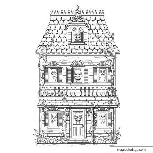 Haunted house with ghosts and architectural details. Perfect for Halloween.