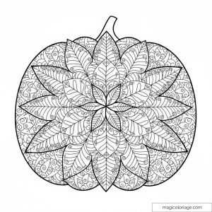 Dessin de mandala en forme de citrouille avec motifs complexes.