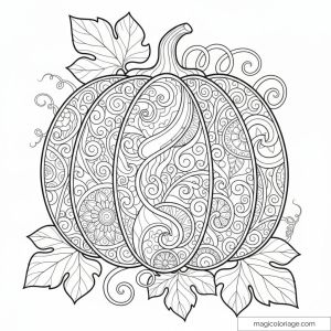 Mandala citrouille complexe avec motifs en spirale et feuilles