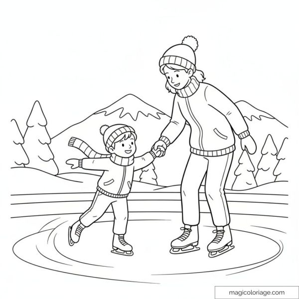 Drawing of a mother and child skating on a frozen lake surrounded by mountains