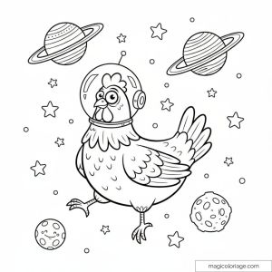 Poule astronaute avec casque flottant parmi étoiles et planètes.