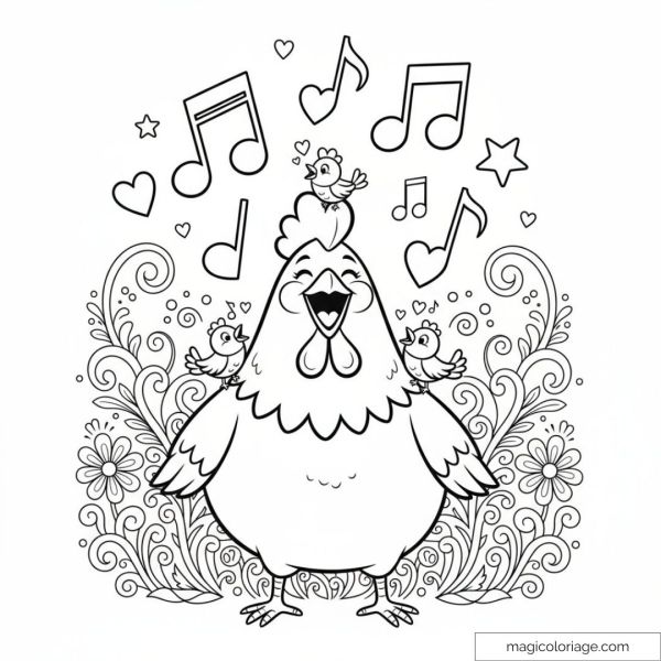 Dessin de poule chantant avec oiseaux et notes de musique