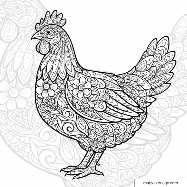 Image de poule mandala ornée de motifs complexes et détails floraux.